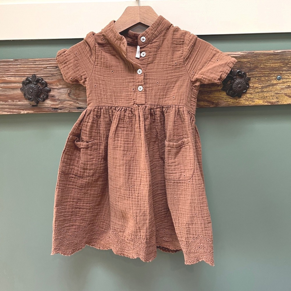 Rylee + Cru Rust Brown Cotton Eyelet Gauze Dress‎ Kids Size 4-5Y Short Sleeve